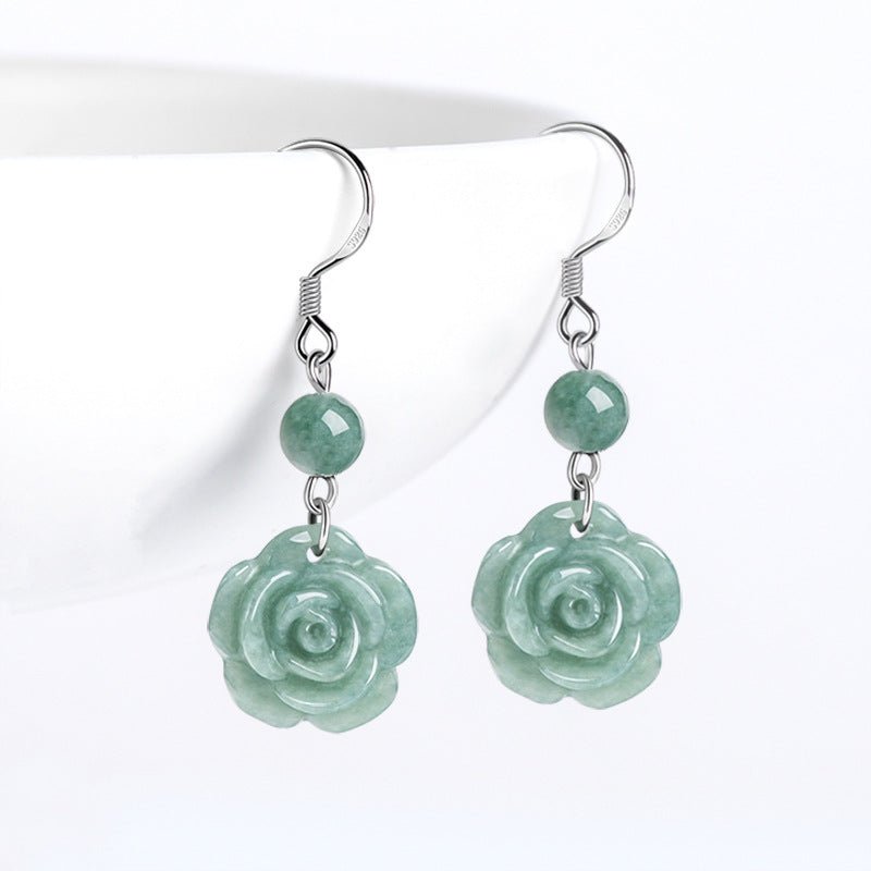 genuine jadeite bean green rose earrings, s925 silver – elegant women's jewelry - star8s