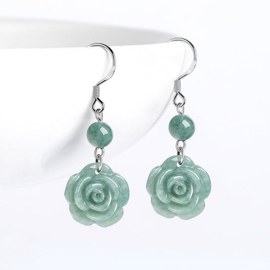 Genuine Jadeite Bean Green Rose Earrings, S925 Silver – Elegant Women's Jewelry - STAR8S