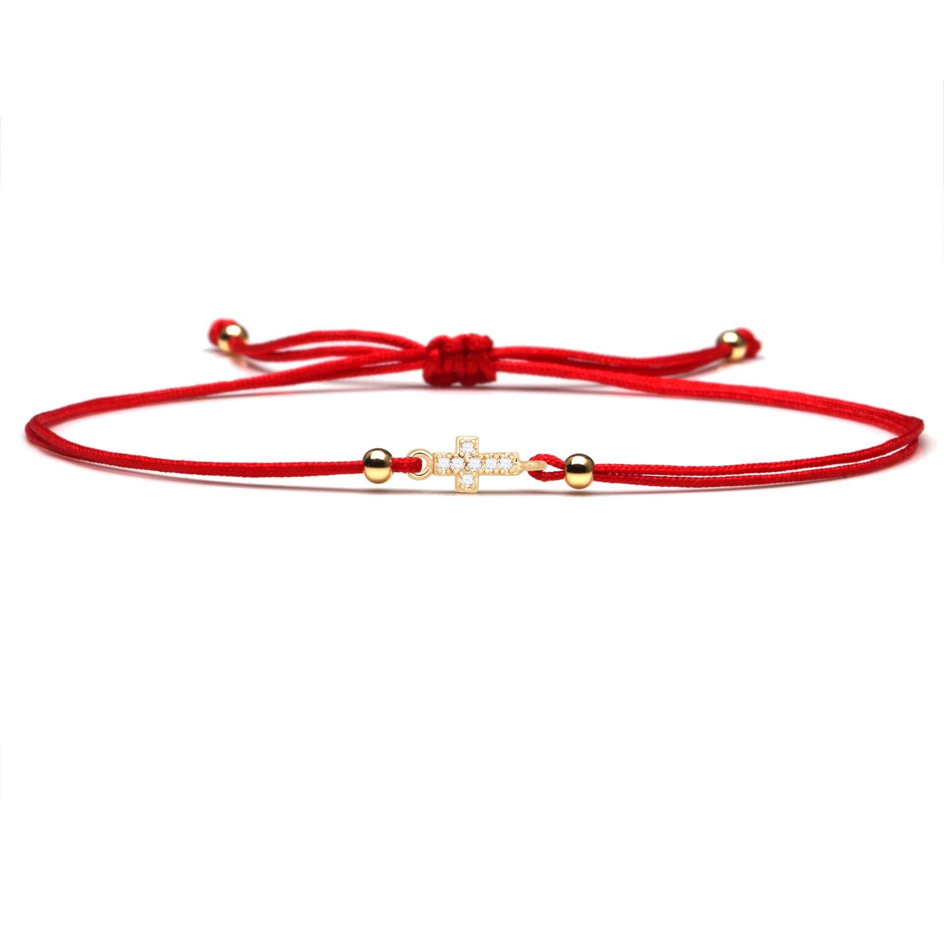 Gold Plated Cross Zirconia Adjustable Red String Bracelet - Geometric Design with AAA Cubic Zirconia - STAR8S