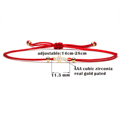Gold Plated Cross Zirconia Adjustable Red String Bracelet - Geometric Design with AAA Cubic Zirconia - STAR8S