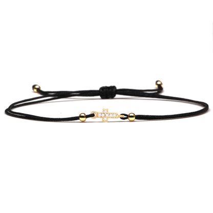 Gold Plated Cross Zirconia Adjustable Red String Bracelet - Geometric Design with AAA Cubic Zirconia - STAR8S