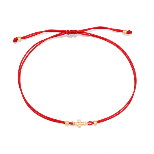 Gold Plated Cross Zirconia Adjustable Red String Bracelet - Geometric Design with AAA Cubic Zirconia - STAR8S