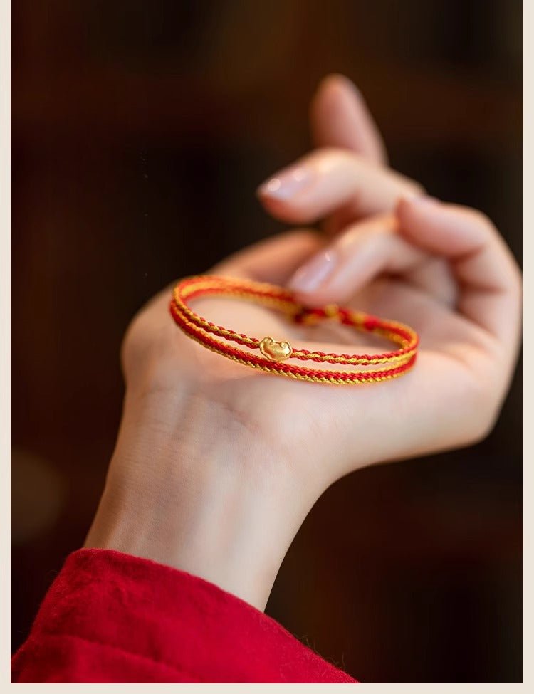 Golden Red String Bracelet 999 Pure Gold Ruyi Bracelet | Handwoven Heart Charm - STAR8S