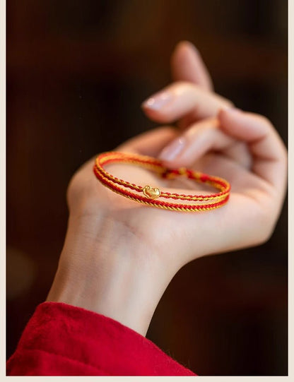 Golden Red String Bracelet 999 Pure Gold Ruyi Bracelet | Handwoven Heart Charm - STAR8S