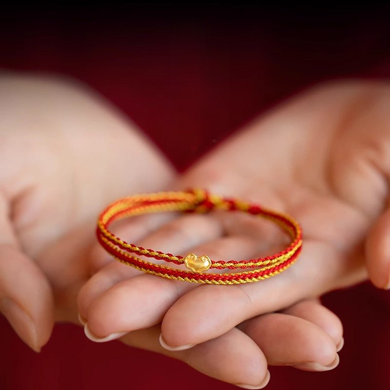 golden red string bracelet 999 pure gold ruyi bracelet | handwoven heart charm - star8s