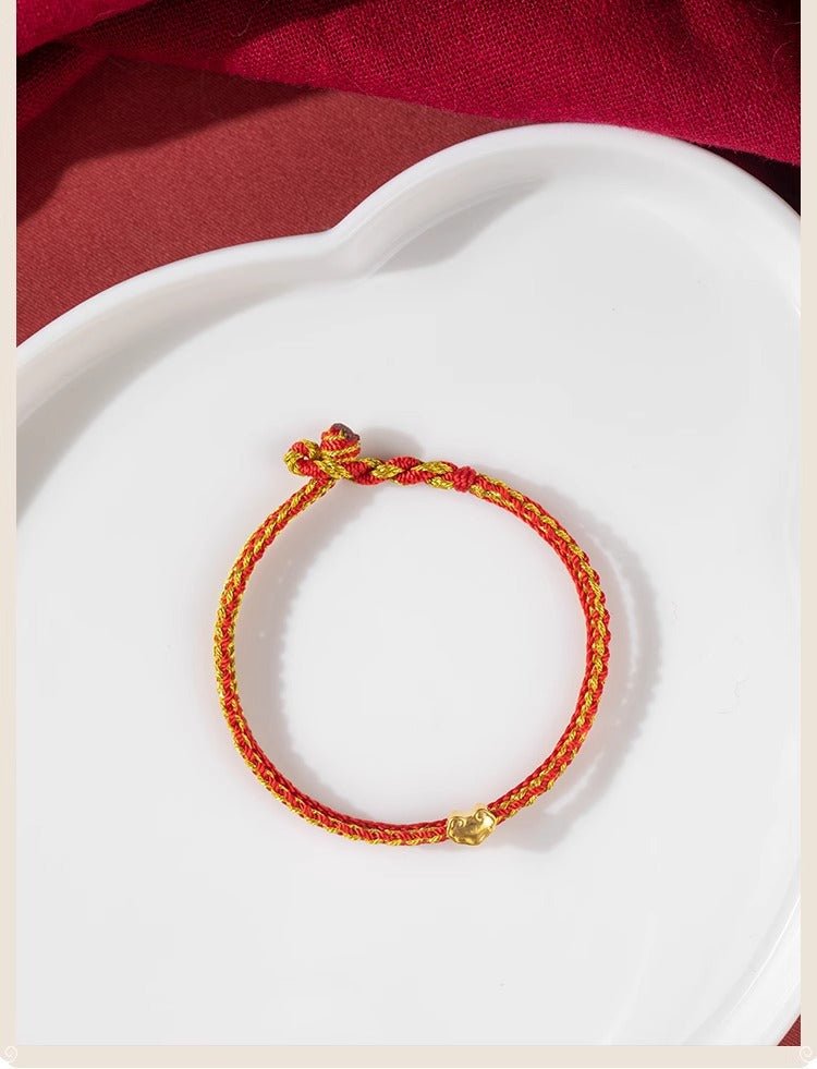 Golden Red String Bracelet 999 Pure Gold Ruyi Bracelet | Handwoven Heart Charm - STAR8S