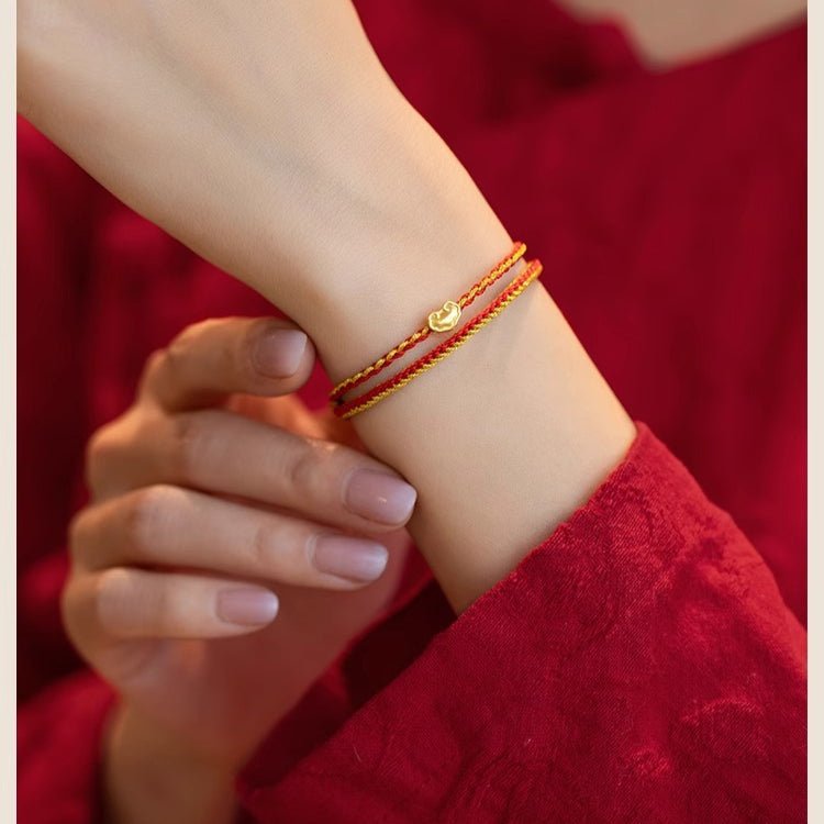 Golden Red String Bracelet 999 Pure Gold Ruyi Bracelet | Handwoven Heart Charm - STAR8S