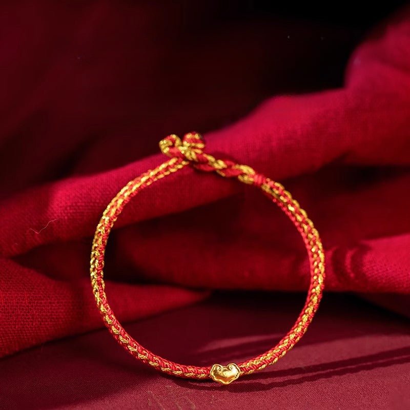 golden red string bracelet 999 pure gold ruyi bracelet | handwoven heart charm - star8s