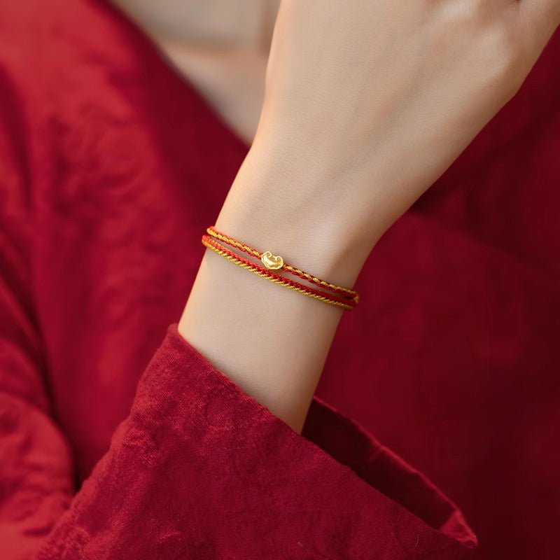 Golden Red String Bracelet 999 Pure Gold Ruyi Bracelet | Handwoven Heart Charm - STAR8S