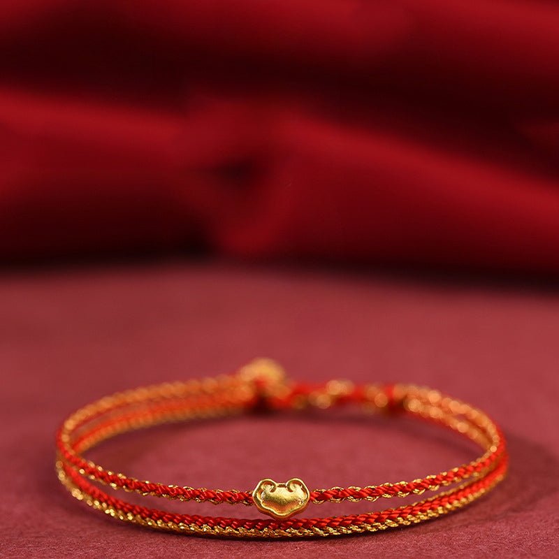 Golden Red String Bracelet 999 Pure Gold Ruyi Bracelet | Handwoven Heart Charm - STAR8S