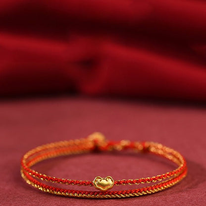 Golden Red String Bracelet 999 Pure Gold Ruyi Bracelet | Handwoven Heart Charm - STAR8S