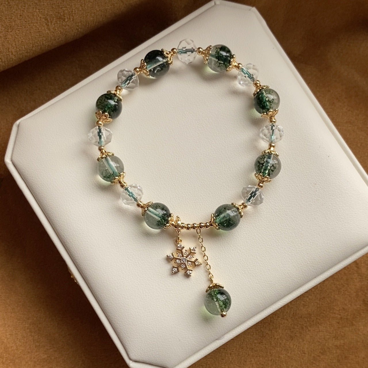 green ghost bracelet with snowflake pendant – handcrafted adjustable bracelet for style & healing - star8s