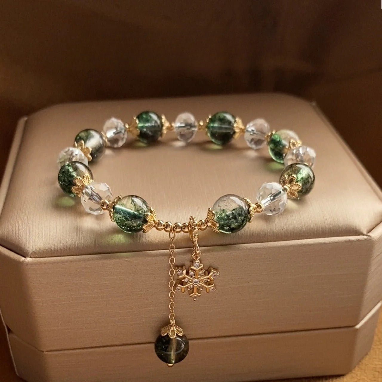 green ghost bracelet with snowflake pendant – handcrafted adjustable bracelet for style & healing - star8s