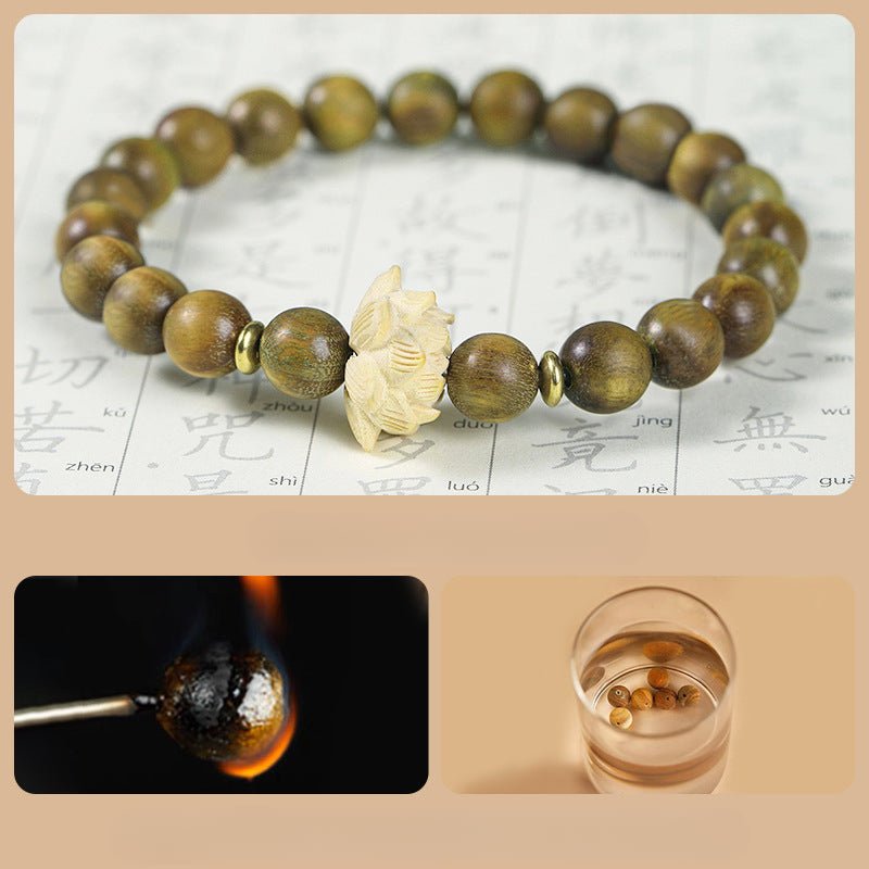 green sandalwood beaded bracelet with lotus charm – natural aromatic wood mala for women - star8s