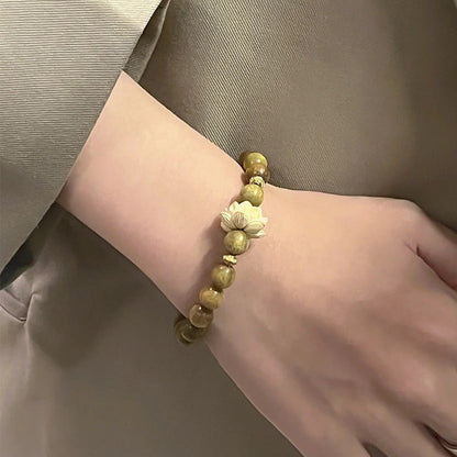 Green Sandalwood Beaded Bracelet with Lotus Charm – Natural Aromatic Wood Mala for Women - STAR8S