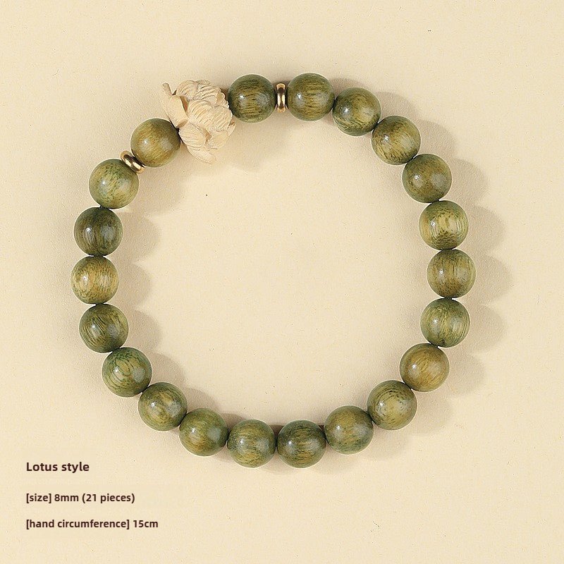green sandalwood bracelet with lotus flower - adjustable meditation beads for men and women - star8s