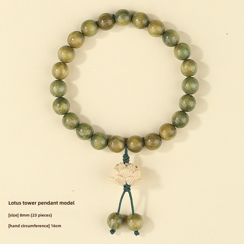 green sandalwood bracelet with lotus flower - adjustable meditation beads for men and women - star8s
