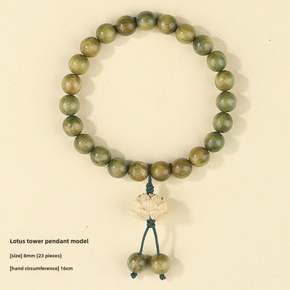 Green Sandalwood Bracelet with Lotus Flower - Adjustable Meditation Beads for Men and Women - STAR8S