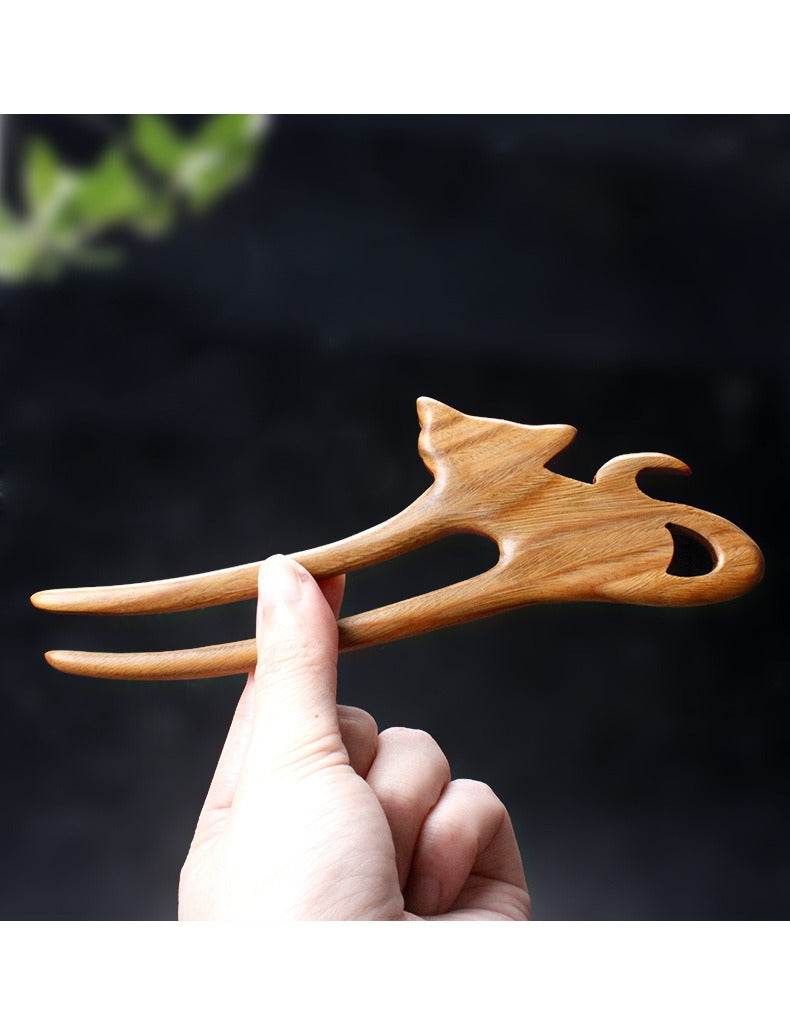Green Sandalwood Chinese Hairpin: Handmade Vintage Double-Prong for Elegant Bun - STAR8S