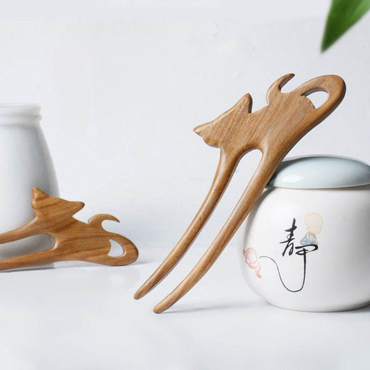 Green Sandalwood Chinese Hairpin: Handmade Vintage Double-Prong for Elegant Bun - STAR8S