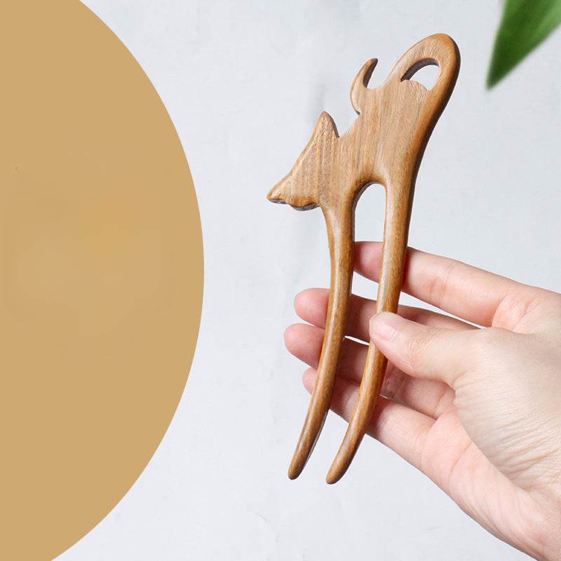 Green Sandalwood Chinese Hairpin: Handmade Vintage Double-Prong for Elegant Bun - STAR8S