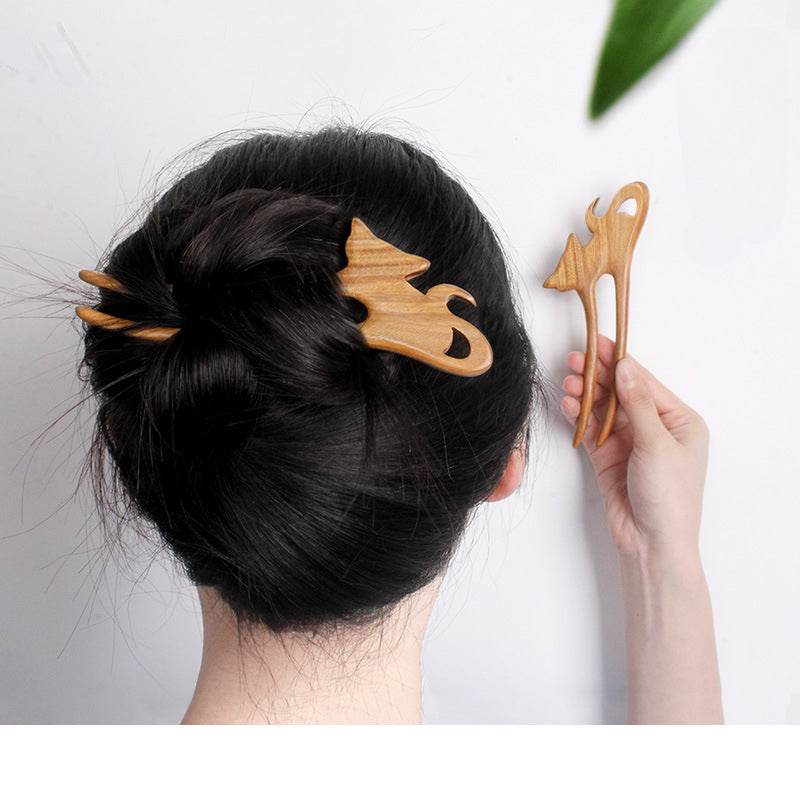 Green Sandalwood Chinese Hairpin: Handmade Vintage Double-Prong for Elegant Bun - STAR8S