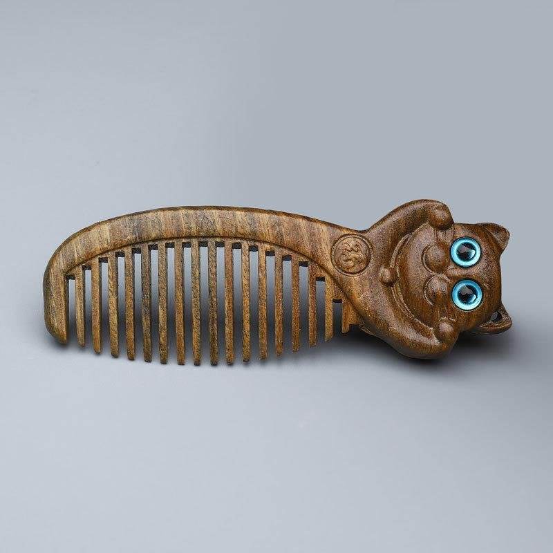 green sandalwood comb classical style double-sided engraving mini compact comb sandalwood lucky cat annunciation bangs comb carry-on - star8s