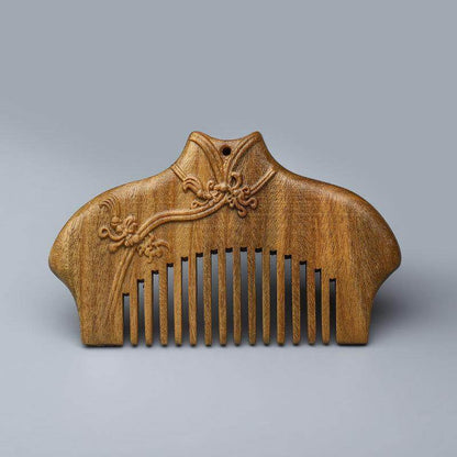 Green sandalwood comb classical style double-sided engraving mini compact comb sandalwood lucky cat annunciation bangs comb carry-on - STAR8S