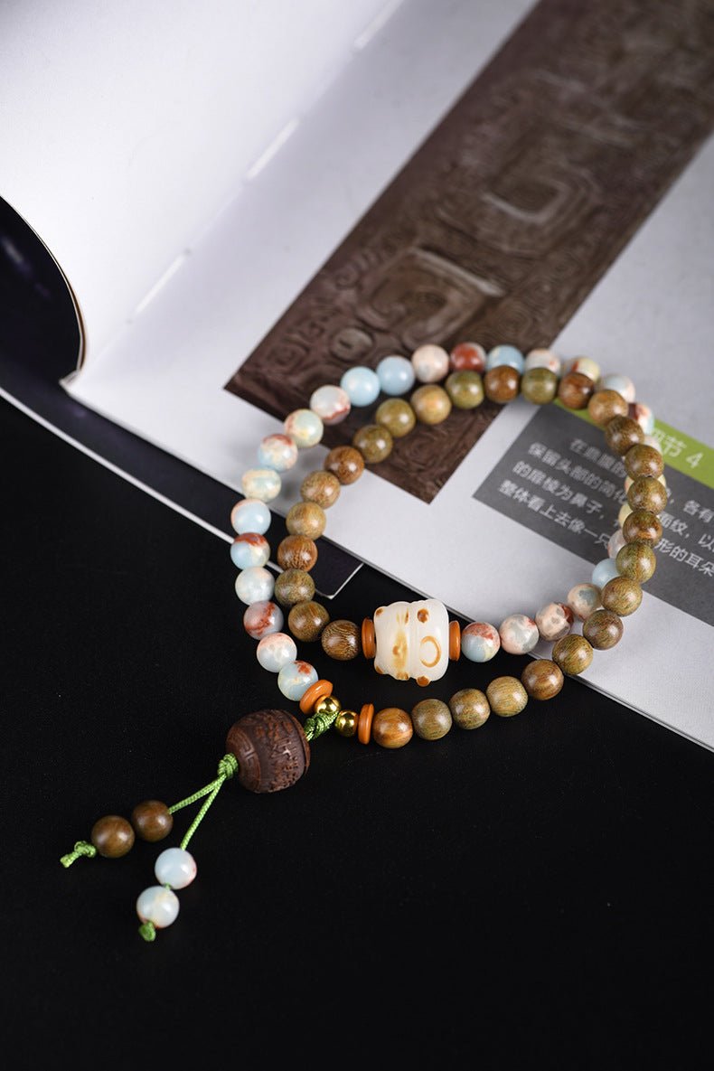 Green Sandalwood Double - Strand Bracelet – Star - Moon Bodhi & Shoushan Stone - STAR8S