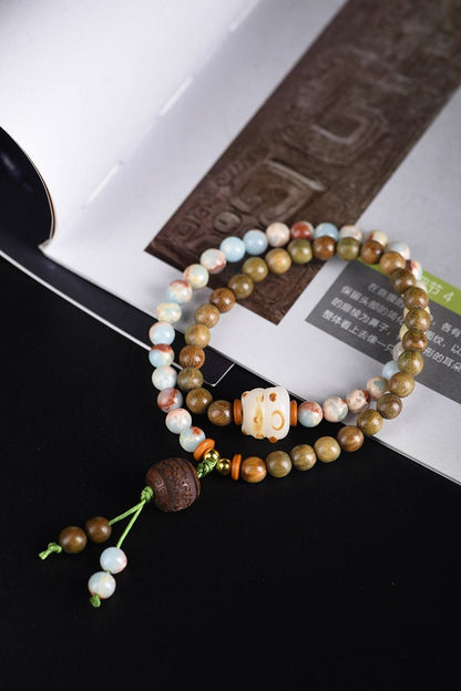 Green Sandalwood Double - Strand Bracelet – Star - Moon Bodhi & Shoushan Stone - STAR8S