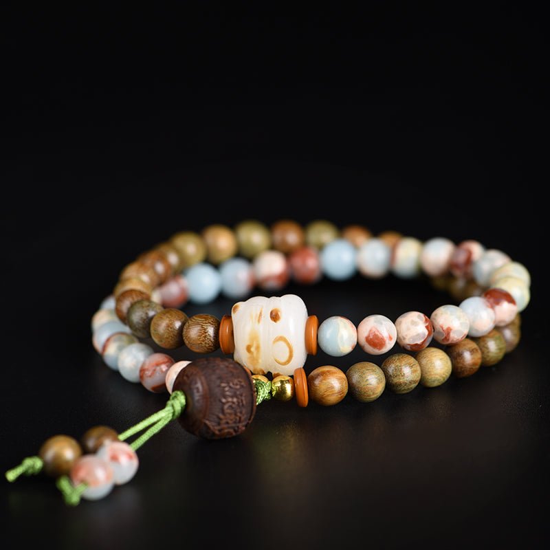 Green Sandalwood Double - Strand Bracelet – Star - Moon Bodhi & Shoushan Stone - STAR8S