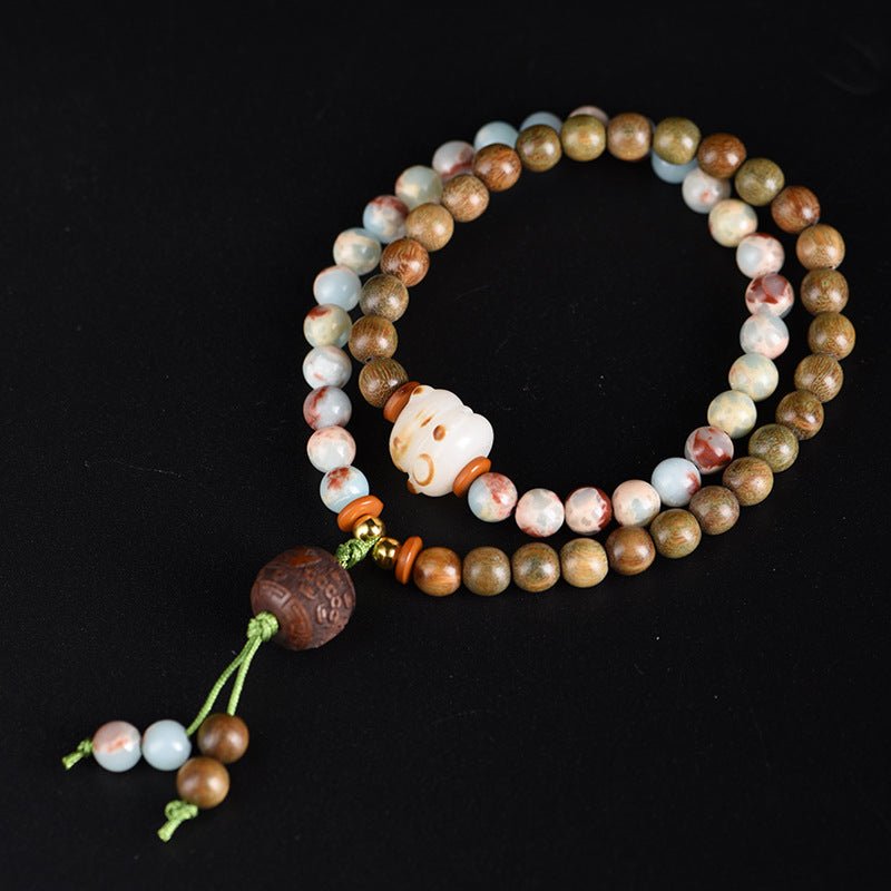 Green Sandalwood Double - Strand Bracelet – Star - Moon Bodhi & Shoushan Stone - STAR8S
