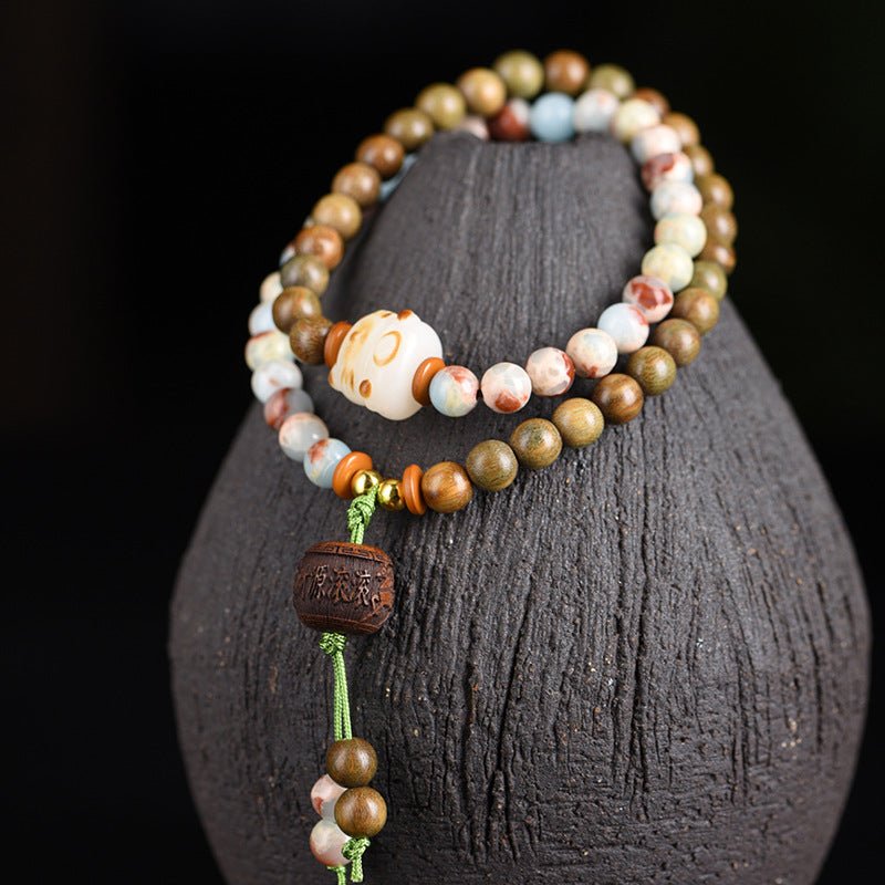 Green Sandalwood Double - Strand Bracelet – Star - Moon Bodhi & Shoushan Stone - STAR8S