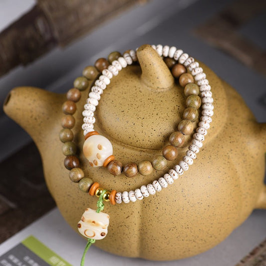 Green Sandalwood Double - Strand Bracelet – Star - Moon Bodhi & Shoushan Stone - STAR8S
