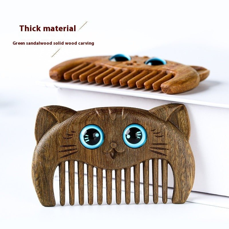 Green Sandalwood Kitten Comb | Cute & Portable Miniature Wood Comb for Kids | Unique Sandalwood Hair Comb for Travel - STAR8S