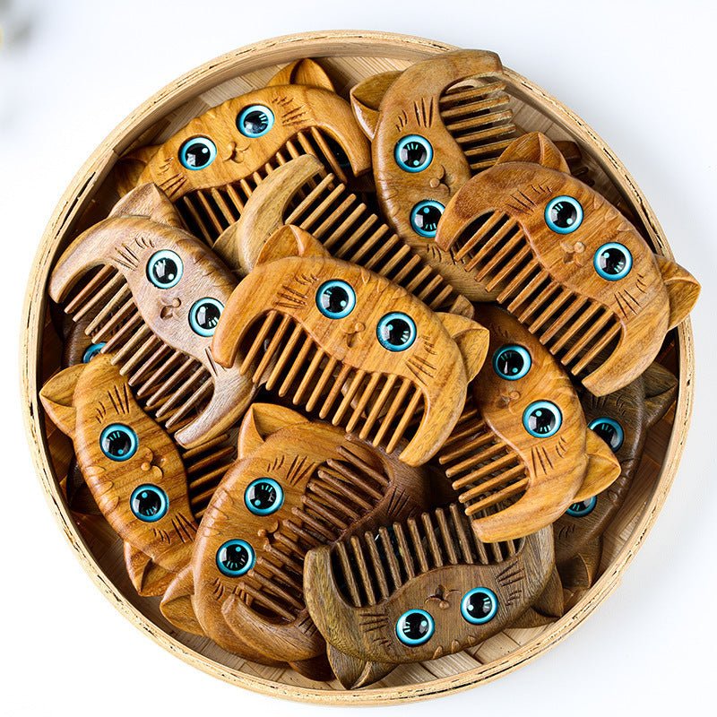 Green Sandalwood Kitten Comb | Cute & Portable Miniature Wood Comb for Kids | Unique Sandalwood Hair Comb for Travel - STAR8S