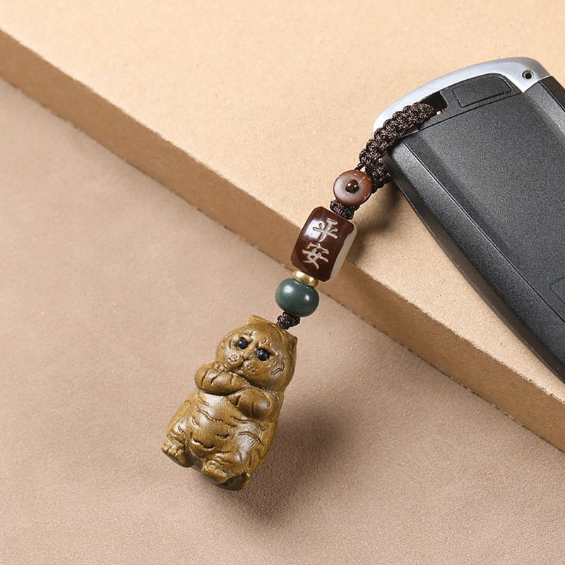 Green Sandalwood Tiger Keychain – Chinese Zodiac Mobile Strap Pendant for Good Luck - STAR8S