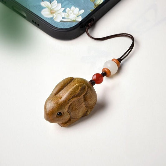 Green Sandalwood Zodiac Rabbit Pendant Keychain, Necklace, Mobile Charm - Lucky Wooden Rabbit Jewelry - STAR8S