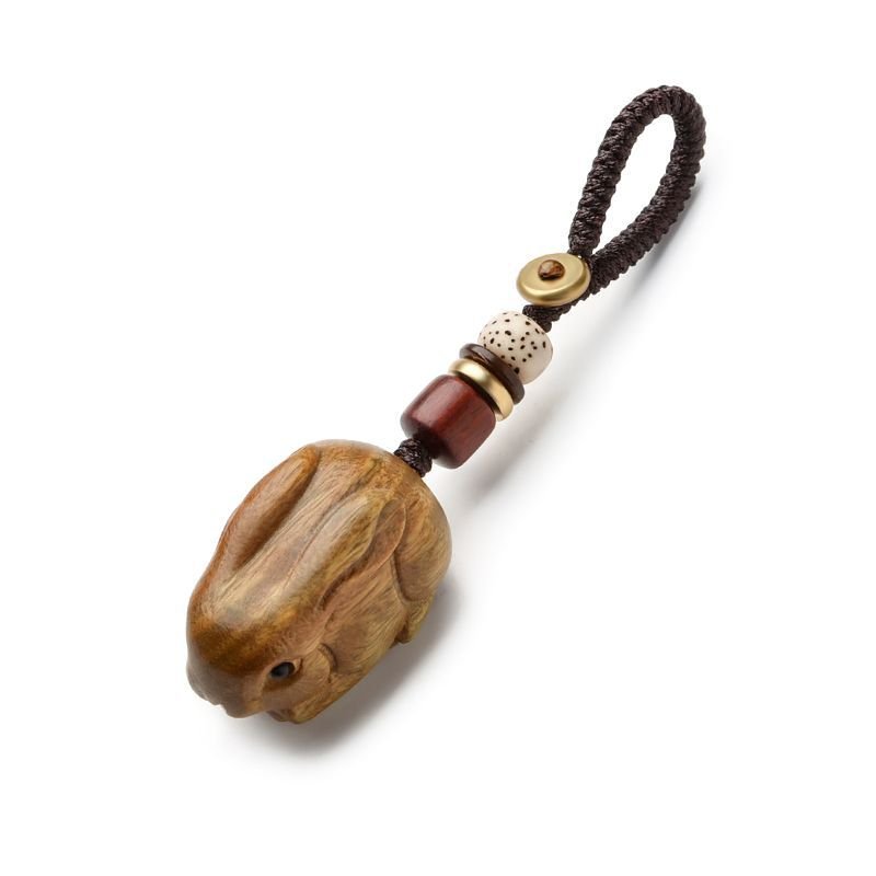 Green Sandalwood Zodiac Rabbit Pendant Keychain, Necklace, Mobile Charm - Lucky Wooden Rabbit Jewelry - STAR8S