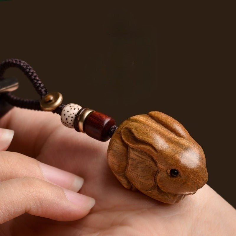 Green Sandalwood Zodiac Rabbit Pendant Keychain, Necklace, Mobile Charm - Lucky Wooden Rabbit Jewelry - STAR8S