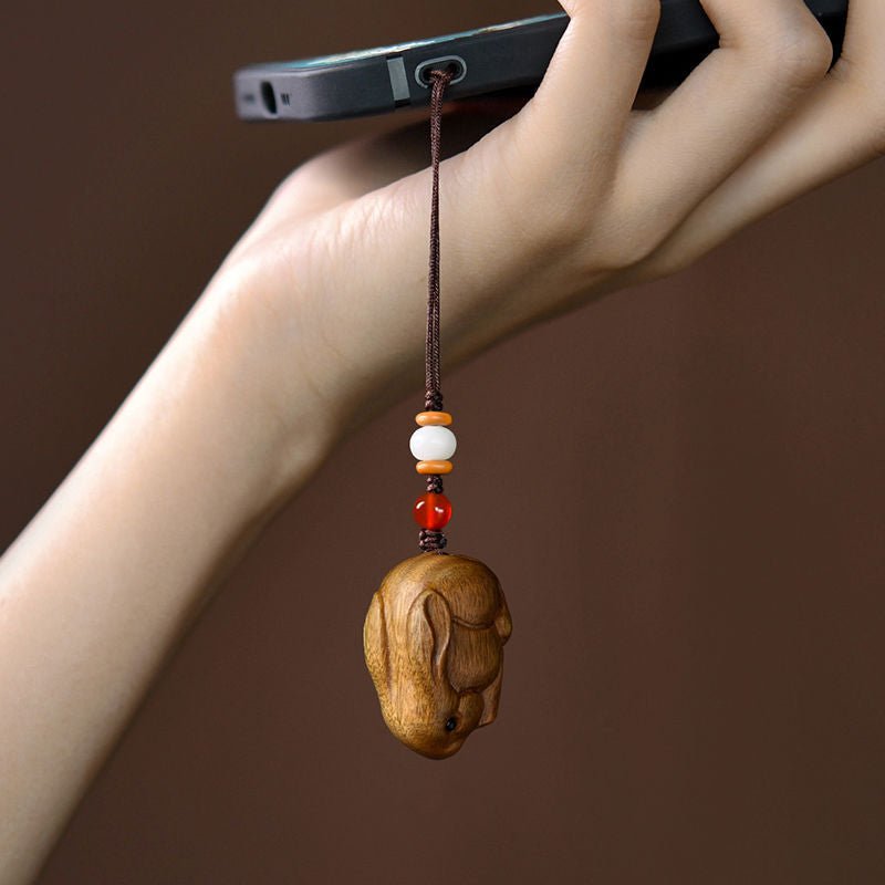 green sandalwood zodiac rabbit pendant keychain, necklace, mobile charm - lucky wooden rabbit jewelry - star8s