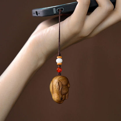 Green Sandalwood Zodiac Rabbit Pendant Keychain, Necklace, Mobile Charm - Lucky Wooden Rabbit Jewelry - STAR8S