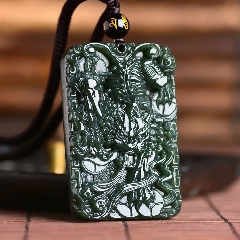 hand - carved hetian jade dragon pendant necklace - unique natural green jade charm with pi xiu amulet for luck & protection - star8s