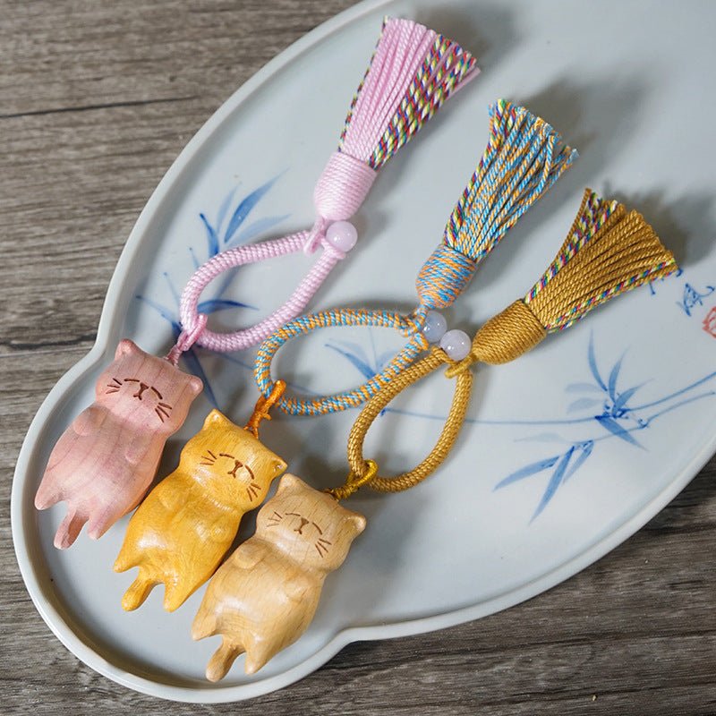 Hand - Carved Lazy Cat Keychain – Beech Wood, Golden Sandalwood & Blood Pinewood with Tassel - STAR8S