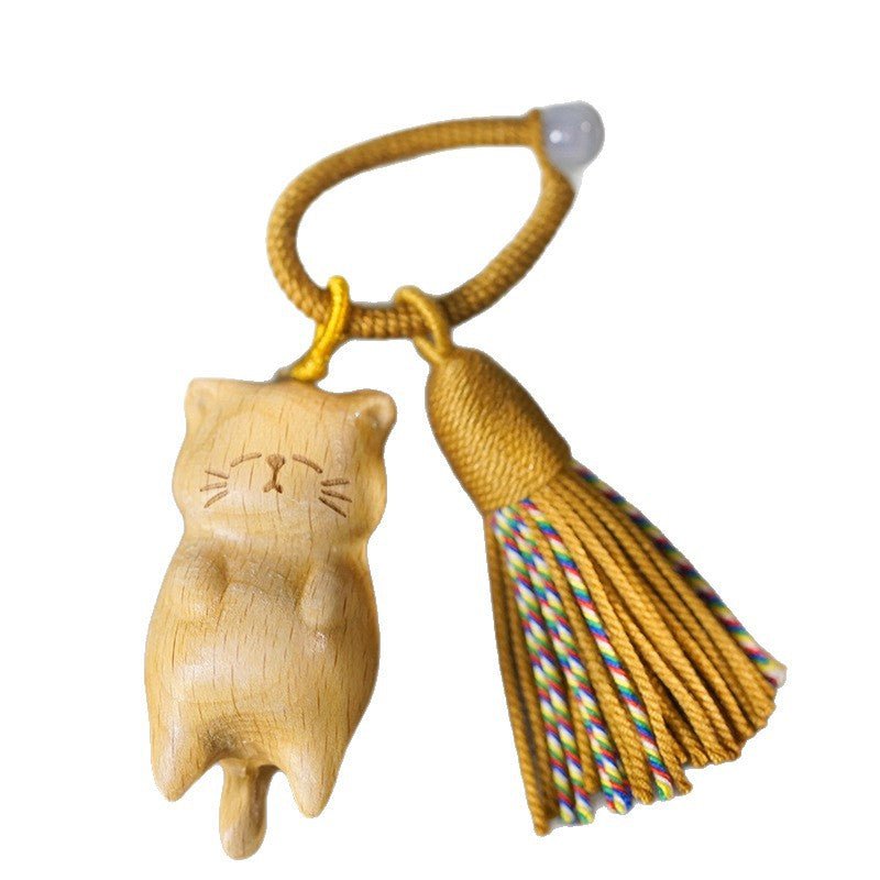Hand - Carved Lazy Cat Keychain – Beech Wood, Golden Sandalwood & Blood Pinewood with Tassel - STAR8S