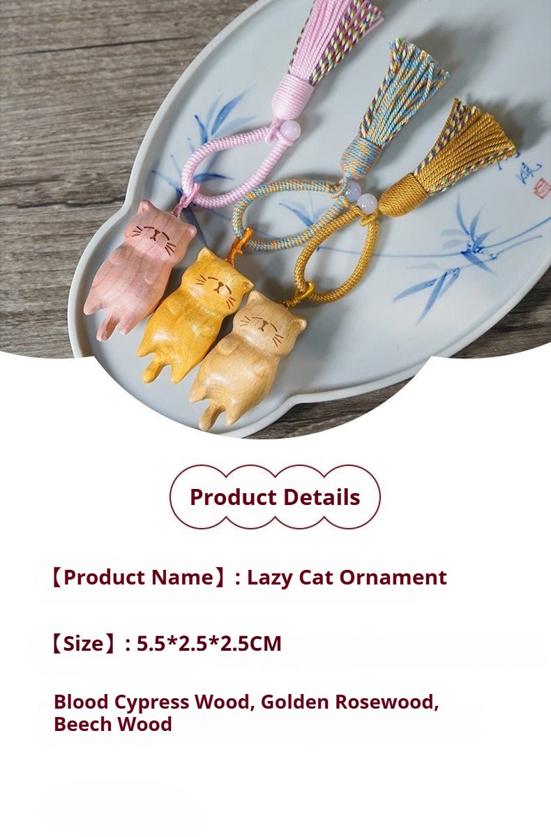 Hand - Carved Lazy Cat Keychain – Beech Wood, Golden Sandalwood & Blood Pinewood with Tassel - STAR8S