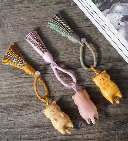Hand - Carved Lazy Cat Keychain – Beech Wood, Golden Sandalwood & Blood Pinewood with Tassel - STAR8S
