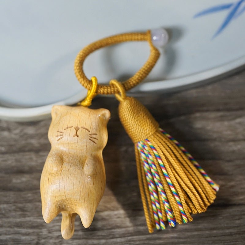 hand - carved lazy cat keychain – beech wood, golden sandalwood & blood pinewood with tassel - star8s