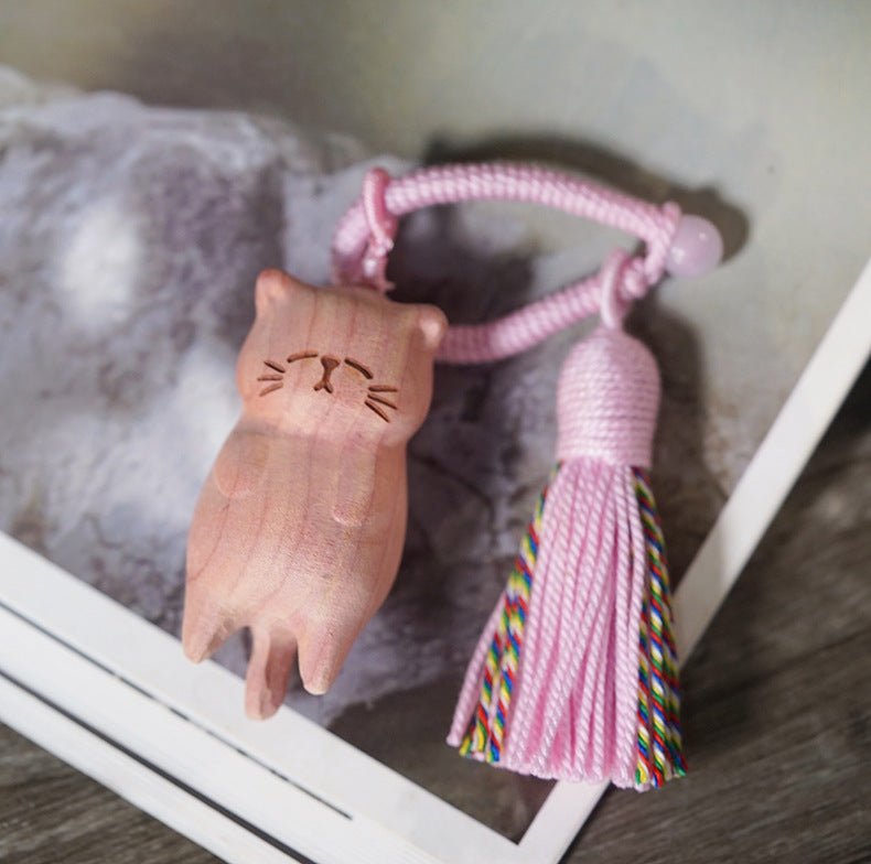 Hand - Carved Lazy Cat Keychain – Beech Wood, Golden Sandalwood & Blood Pinewood with Tassel - STAR8S