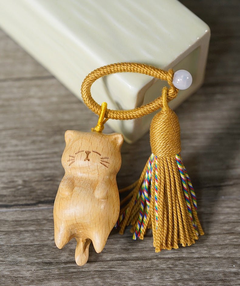 hand - carved lazy cat keychain – beech wood, golden sandalwood & blood pinewood with tassel - star8s